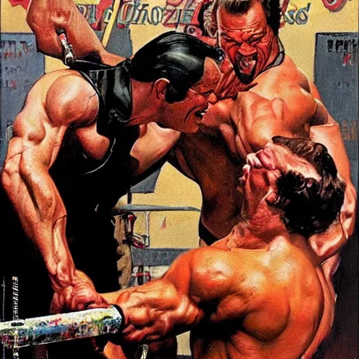 Image similar to Arnold Schzwarzenegger fights Jack Nicholson painted by norman rockwell and tom lovell and frank schoonover