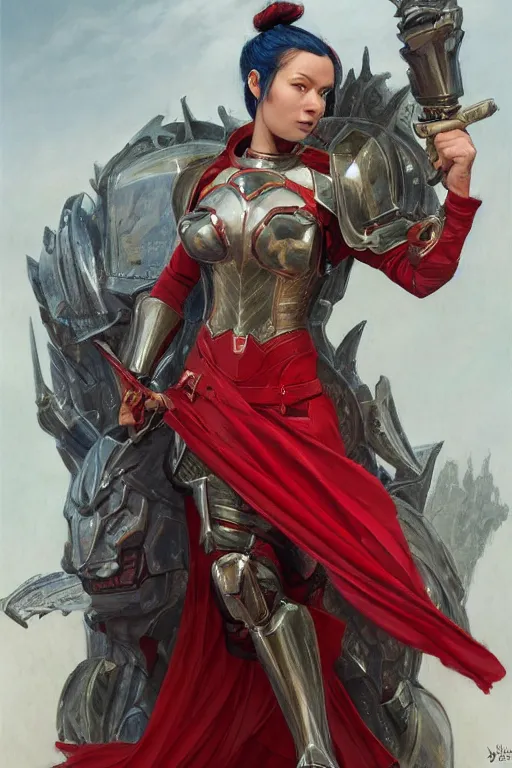 Prompt: Lady in Red armor, Dark blue hair, pretty face, light brown skin, green eyes, practical armor, ornamental, symmetry, by donato giancola, by RossDraws, by leng jun, matte painting, D&D, high fantasy, full body picture, no extra limbs, no extra character, trending on artstation artstationHQ, artstationHD, octane, cgsociety