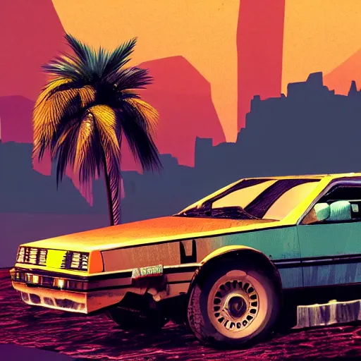 Prompt: wasteland hotline miami desert apocalypse car wasteland war destroyed wide shot landscape nuke fire craters end of the world miami beach sunset palm trees 80s delorean unreal engine dark style