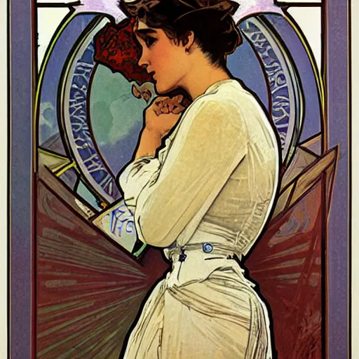 Image similar to Advertising for Tesla car by Alphonse Mucha