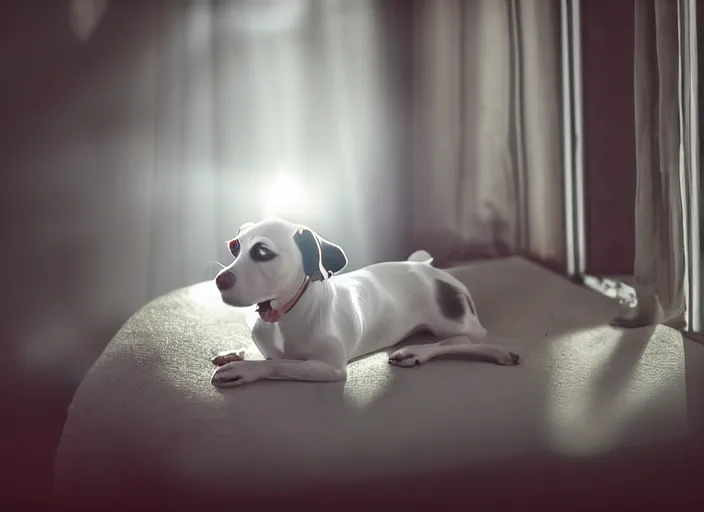 Image similar to photography of a jack russel. watching outside the window. on a bed. in a vintage room full of vinyls and posters, volumetric light, photorealistic, award winning photo, 1 0 0 mm, sharp, high res