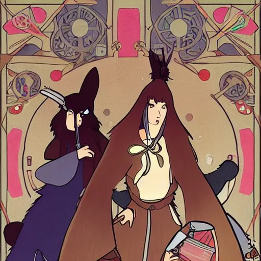 Image similar to anthropomorphic minks dressed as humans playing D&D, cartoon style, studio ghibli, mucha