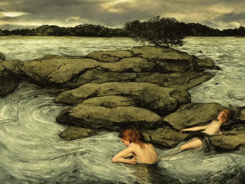 Prompt: Young woman swimming in a turbulent river at sunset. Acacia trees in the wind, blinding lightning strikes. Painting by Lucas Cranach, Andrew Wyeth