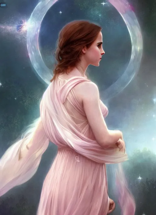 Image similar to emma watson as nature magic celestial, long hair, soft pink and white cloth, transparent cloth, space, D&D, shiny background, intricate, elegant, highly detailed, digital painting, artstation, concept art, smooth, sharp focus, illustration, artgerm, bouguereau