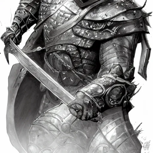 Image similar to illuminated portrait of an old warrior, black armor, greatsword, grey hair, scars, digital illustration, high fantasy, detailed face, frank frazetta, sharp focus