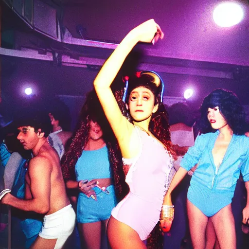 Prompt: film still, extreme far view, ariana grande, disco girl, studio 5 4, 1 9 8 0 s go go girl, associated press, 2 6 mm, kodak ektachrome, blue tint expired film