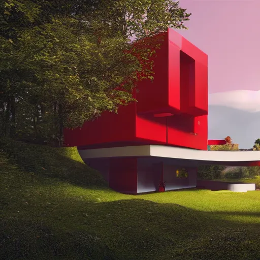 Image similar to futuristic rectangular red house with courtyard and flat roof, on a hill surrounded by big trees, dramatic lighting, artstation, matte painting, raphael lacoste, simon stalenhag, frank lloyd wright, zaha hadid, drone view