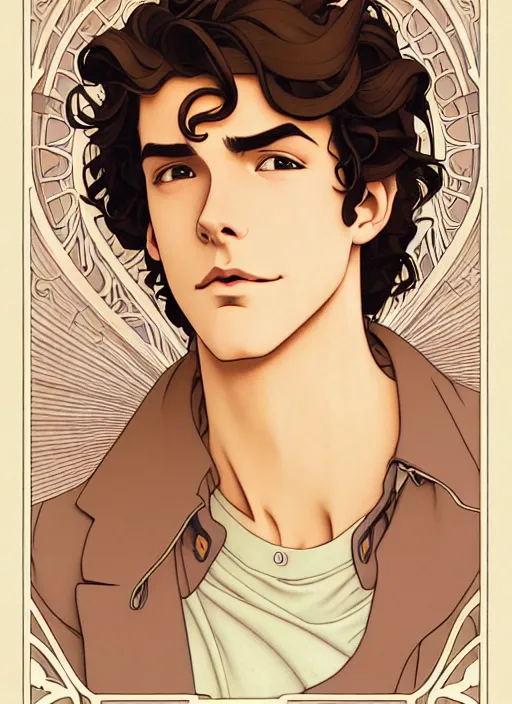 Prompt: art nouveau portrait of a handsome young man with medium length big mess of curly light brown hair, brown eyes, aloof, serious expression, t - shirt, modern casual clothing, natural lighting, path traced, highly detailed, high quality, cartoon, digital painting, by don bluth and ross tran and studio ghibli and alphonse mucha