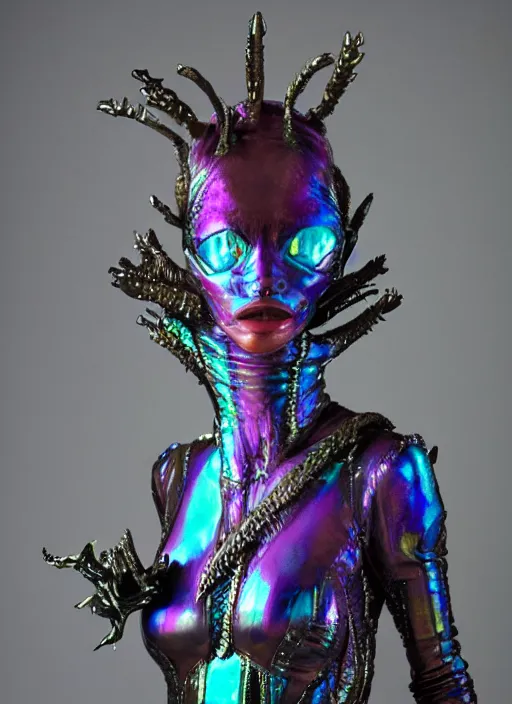 Prompt: an alien woman with iridescent shark skin, pirate weapons, by van herpen, iris