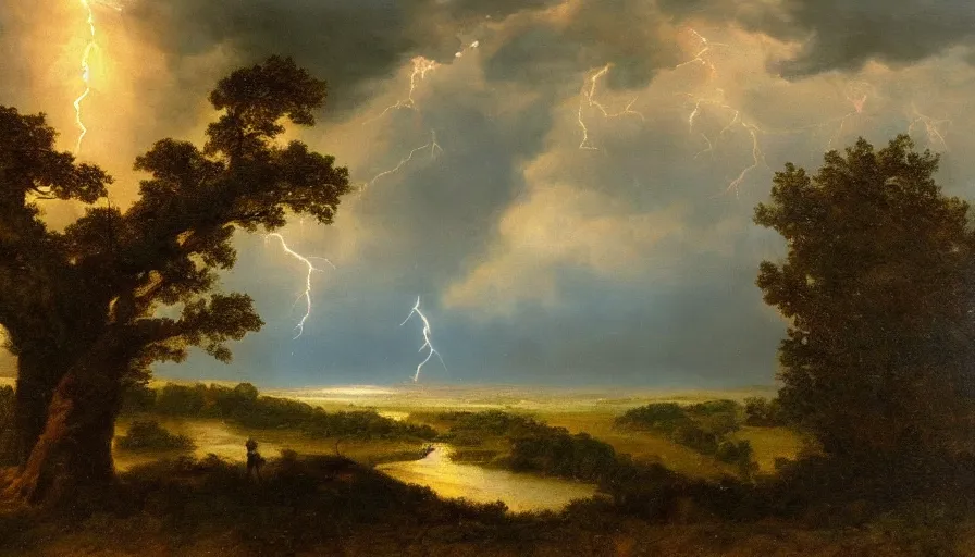 Image similar to A beautiful, highly-detailed oil painting of a rainy landscape; with lightning striking a lonely oak tree