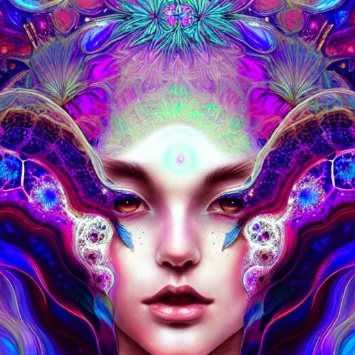 Image similar to An extremely psychedelic crystalline soul fairy, multifaceted, crystals, surreal, dramatic lighting, magic mushrooms, psilocybin, LSD, face, detailed, intricate, elegant, lithe, highly detailed, digital painting, artstation, concept art, smooth, sharp focus, illustration, art by Krenz Cushart and Artem Demura and alphonse mucha