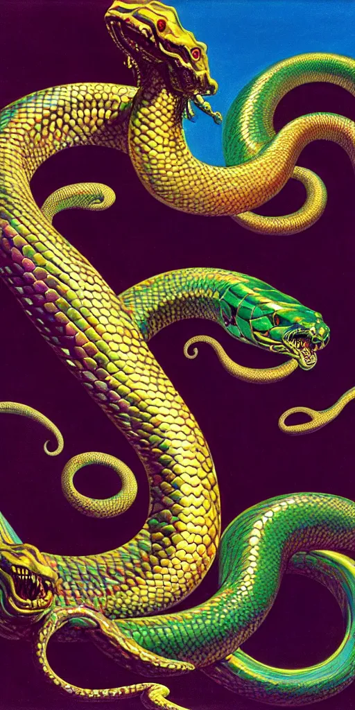 Image similar to the great pearlescent multicolored serpent leviathan hyperrrealistic curling around the planet syd mead dali dramatic lighting