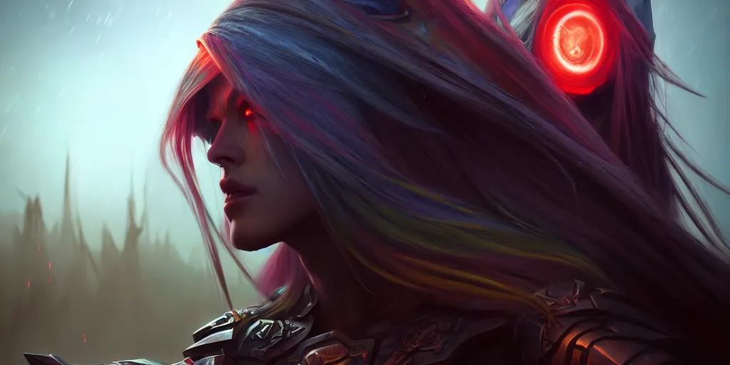 Image similar to ( ( ( ( ( hyperrealist distant portrait of sylvanas windrunner on a obsidian planet where it rains colors. ) ) ) ) ) by bayard wu, fantasy, photorealistic, octane render, unreal engine, dynamic lighting, trending on artstation, poster, volumetric lighting, very detailed faces, 4 k, award winning