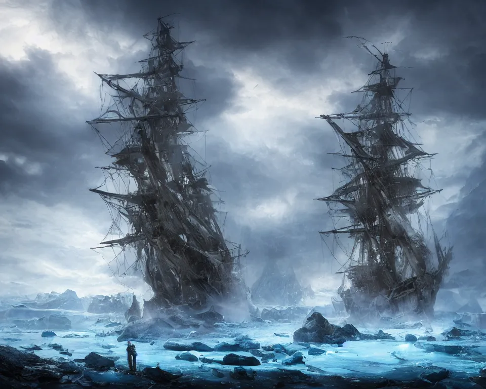 Prompt: a large pirateship frozen in ice on a glaciallake, landscape photography by marc adamus, dramatic lighting, thunderclouds, dramatic, rule of thirds, golden ratio, ambient lighting, wlop, artgerm, artstation, highly detailed masterpiece, dark fantasy art, intricate details, elegant, ultra realistic, trending on artstation