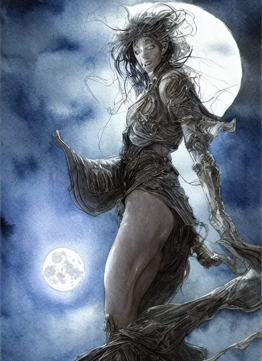 Image similar to portrait, dream wanderer and the moon, watercolor, dramatic lighting, cinematic, establishing shot, extremely high detail, foto realistic, cinematic lighting, pen and ink, intricate line drawings, by Yoshitaka Amano, Ruan Jia, Kentaro Miura, Artgerm, post processed, concept art, artstation, matte painting, style by eddie mendoza, raphael lacoste, alex ross