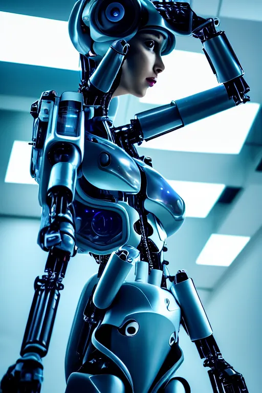 Image similar to cybernetic high tech catgirl, sci - fi, cyberpunk, futurism, exoskeleton, strong artificial intelligence, symmetry, cinematic, elegant, luxury, professional studio light, perfect composition, dlsr photography, sharp focus, 8 k, ultra hd, sense of awe, highly detailed, hyper realistic, intricate, high fashion journal cover