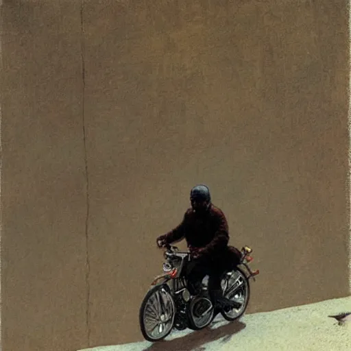 Prompt: biker on the great wall. by michael sowa.