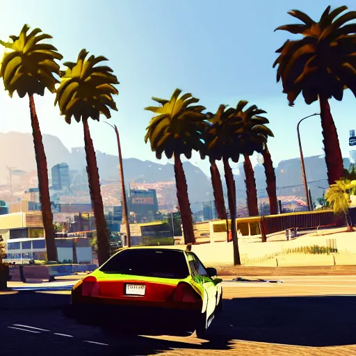 Image similar to Michael Ehrmantraut in GTA V . Los Santos in the background, palm trees. In the art style of Stephen Bliss.