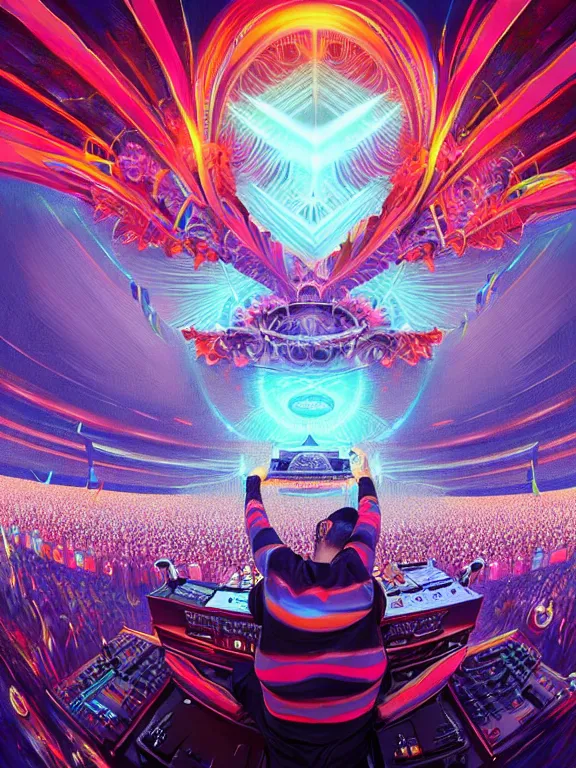 Image similar to symmetry!! dj plays big music at the biggest festivals in the world to a huge crowd with lots of blaring lights in the spirit of god, intricate, elegant, highly detailed, digital painting, artstation, concept art, smooth, sharp focus, illustration, by cgsociety and stefan kostic and stanley lau and artgerm, gorgeous, elegant