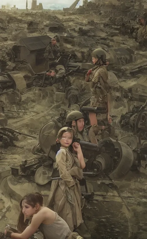 Image similar to modern warfare, panoramic view of girl under artillery fire, trench and sandbags in background, soldier clothing, hair down, symmetrical facial features, from arknights, wallpaper, trending pixiv, safebooru, volumetric modelling, think in 3 d, by alphonse mucha, greg rutkowski, sharp focus, backlit