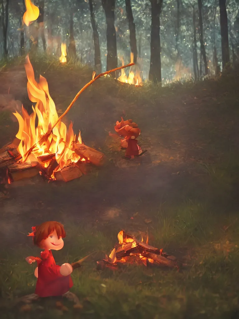 Image similar to cute fumo plush pyromaniac girl giddily starting a fire in the forest, campfire, flames, warm glow and volumetric smoke vortices, composition, vignette, vray