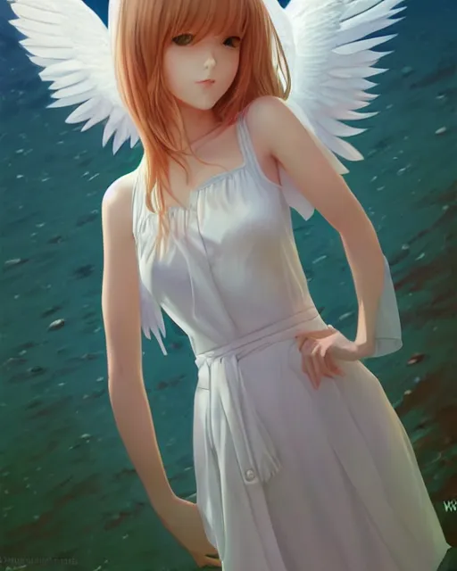 Image similar to infinitely detailed full - body portrait pale female peaceful dream angel wearing elegant clothes. beautiful! scenery art! by wlop & murata range, by ilya kuvshinov. artstation!! / pixiv!!