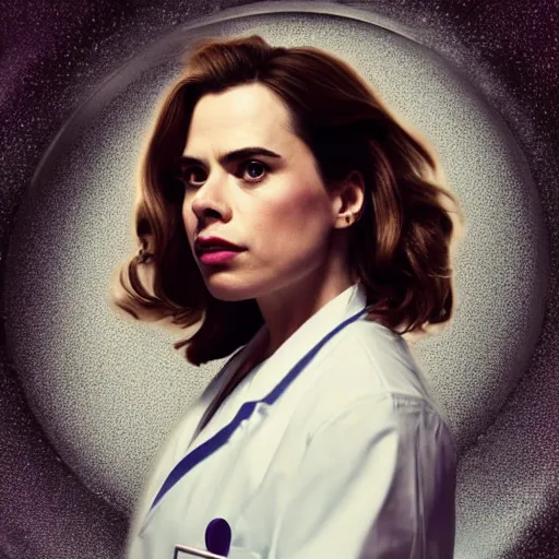 Image similar to a beautiful full body photograph of hayley atwell dressed as doctor who, science fiction style, time vortex in the background, detailed face, symmetrical face, extreme realism and detail, 8 k, completely framed, direct lighting, 3 5 mm photo, photorealistic, sharp focus