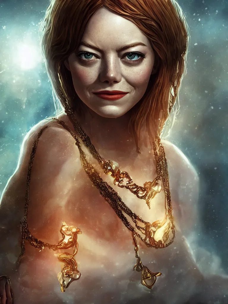 Image similar to close up portrait of emma stone as a beautiful female goddess with glowing necklace, stone courtyard background fantasy atmosphere, decolletage, confident pose, coherent, insane detail, concept art, character concept, cinematic lighting, global illumination radiating a glowing aura