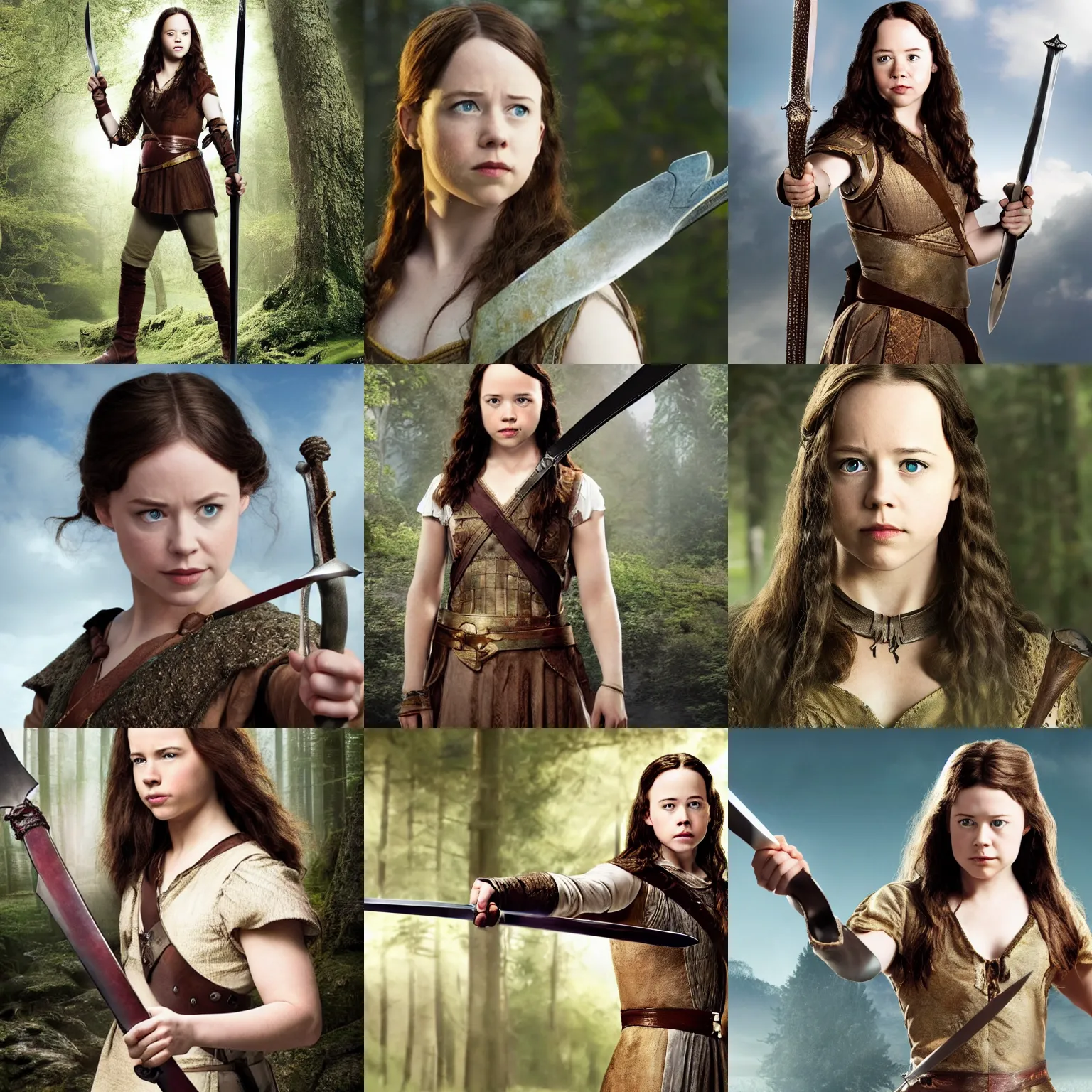 Prompt: Susan Pevensie holding a sword, head and upper body in frame, promotional image