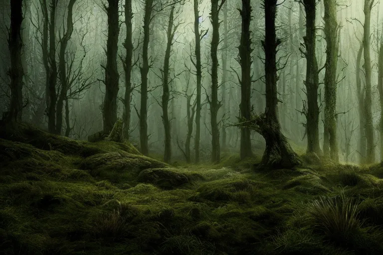 Prompt: dense woodland landscape, English forest, Irish forest, scottish forest, perspective, folklore,King Arthur, Lord of the Rings, Game of Thrones. ultra photoreal , photographic, concept art, cinematic lighting, cinematic composition, rule of thirds , mysterious, eerie, cinematic lighting, ultra-detailed, ultrarealistic, photorealism, 8k, octane render, Albert Bierstadt