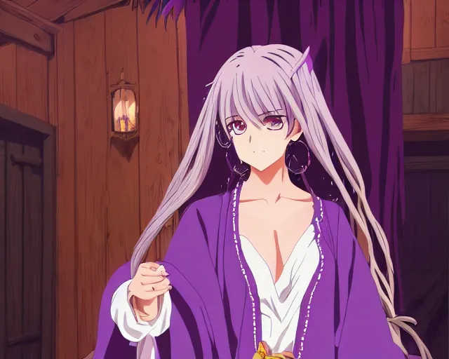 Prompt: key anime visual portrait of a young female witch purple feathered robe in a tavern interior, dynamic pose, dynamic perspective, cinematic, dramatic lighting, muted colors, fine detail, textured, big detailed eyes, anatomical proportions