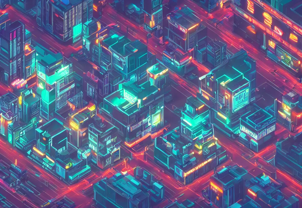 a cyberpunk city scape in isometric style, at night | Stable Diffusion