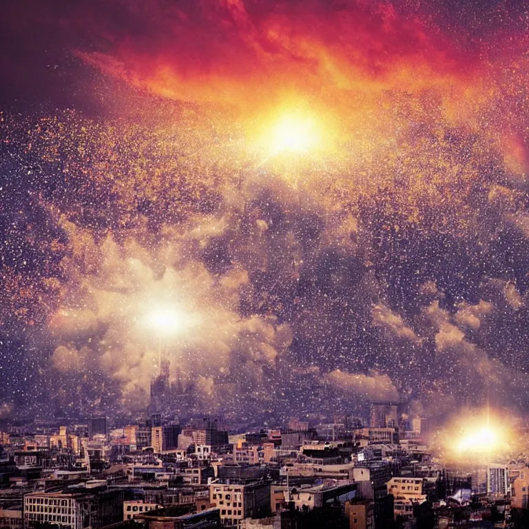 Prompt: huge glitter bomb explosion above city, mushroom cloud, flash illuminating city