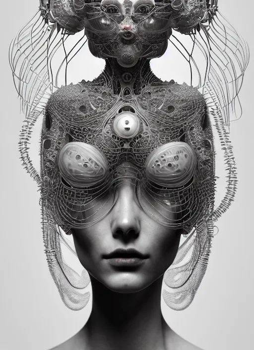 Prompt: portrait of an absurdly beautiful, graceful, sophisticated, fashionable cyberpunk mechanoid, hyperdetailed illustration by irakli nadar and vania zouravliov, matt wisniewski style, intricate linework, white porcelain skin, coral jellyfish headdress, unreal engine 5 highly rendered, global illumination, radiant light, detailed and intricate environment