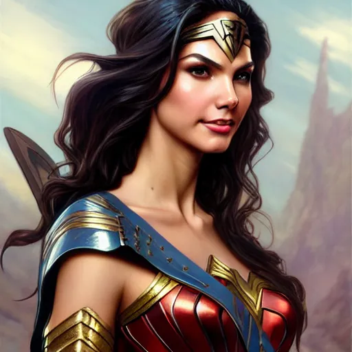 Image similar to Victoria Justice as Wonder Woman, western, D&D, fantasy, intricate, elegant, highly detailed, digital painting, artstation, concept art, matte, sharp focus, illustration, art by Artgerm and Greg Rutkowski and Alphonse Mucha