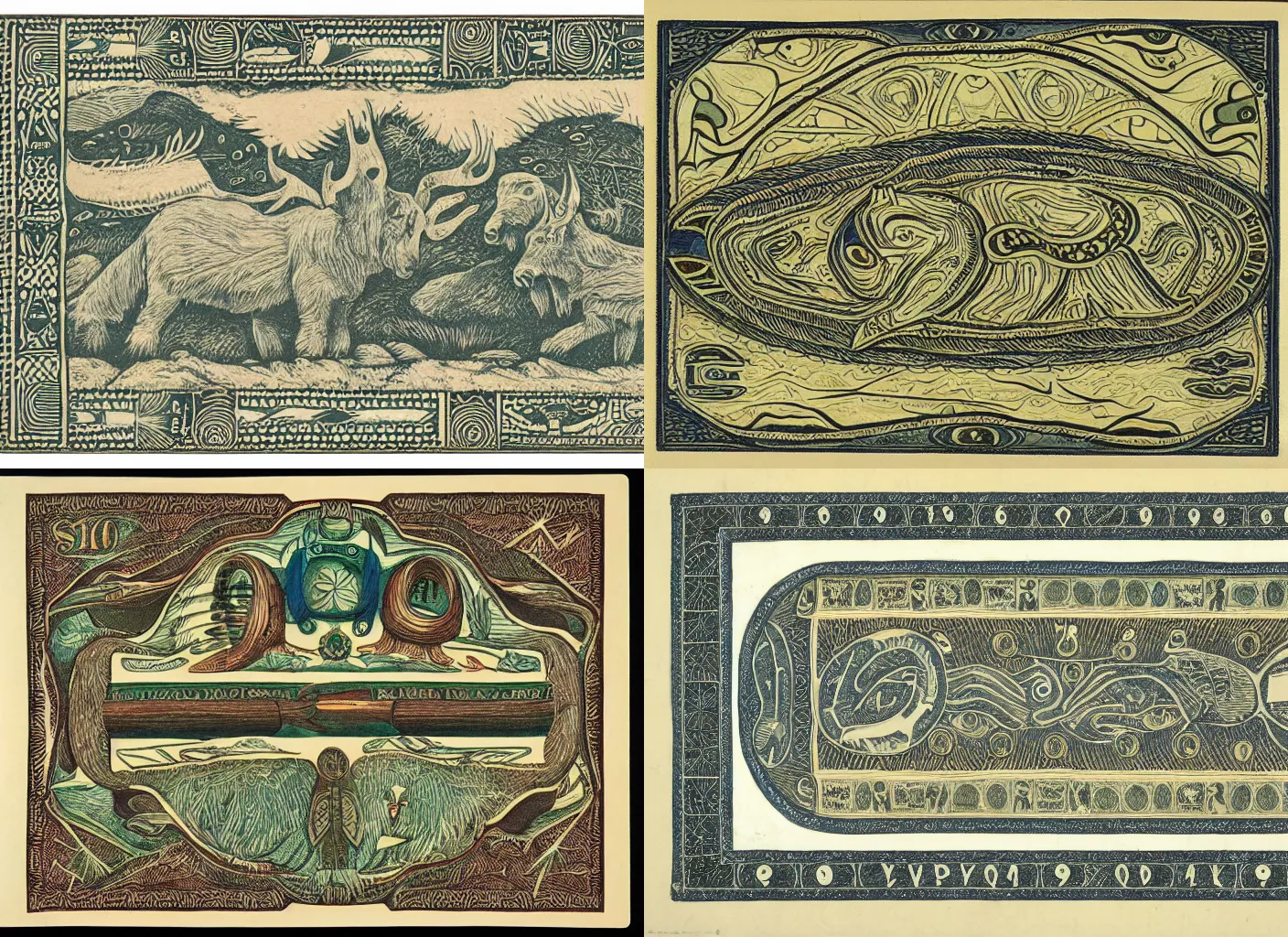 Prompt: a design of a Selknam money bill of 20, with aboriginal design and illustrations of Patagonian animals and vegetation by gustav dure , with well-defined edges and lines, clear figures, ink, sharp contrast