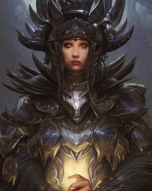 Image similar to Portrait of a Fantasy black knight, moonlit, HD, illustration, epic, D&D, fantasy, intricate, elegant, highly detailed, digital painting, artstation, concept art, smooth, sharp focus, illustration, art by artgerm and greg rutkowski and alphonse mucha, monster hunter illustrations art book