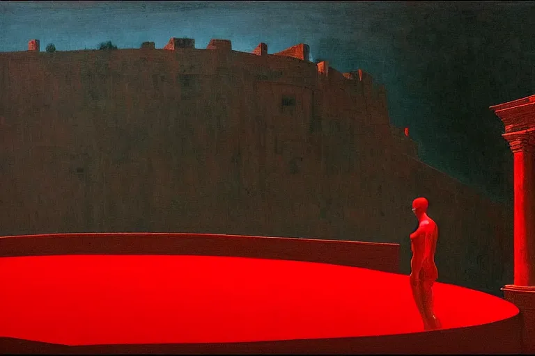 Image similar to only with red, a red melted emperor in an authoritarian position, taormina amphitheatre, crowd hails him, in the style of beksinski, parts by edward hopper, parts by rodcenko, parts by yue minjun, intricate and epic composition, red by caravaggio, insane quality, highly detailed, masterpiece, red light, artstation