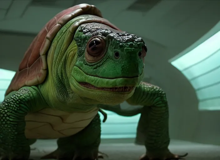 Image similar to film still of real life dinosaur turtle yoshi in the new sci - fi movie, 8 k