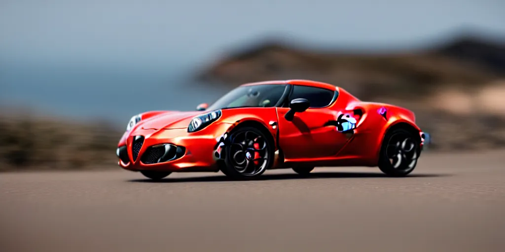 Image similar to Hot Wheels, 2015 Alfa Romeo 4C, cinematic, PCH, california coast, 8k, depth of field, bokeh.