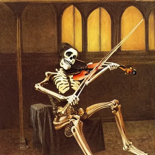 Image similar to portrait painting of a skeleton seated while playing violin, chiaroscuro, wooden interior walls, gothic and moody, Carlos Schwabe, Arnold Bocklin