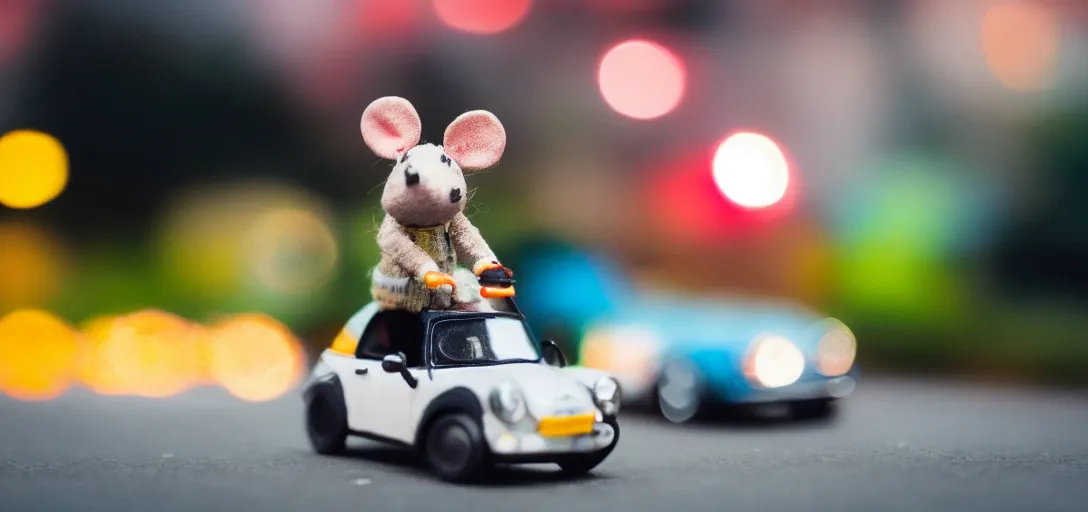 Image similar to a mouse driving a mini toy car bokeh