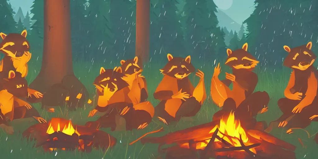 Image similar to a group of racoons sitting around a campfire in the middle of the forest, surrounded by fireflies. Firewatch style