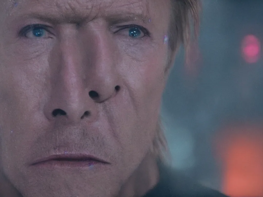 Image similar to David Bowie, close-up, film still from Blade Runner 2049, beautiful lighting, raining, neon lights, cinematic, depth, ultra-sharp details