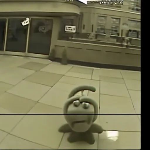 Prompt: cctv footage of squidward robbing a bank