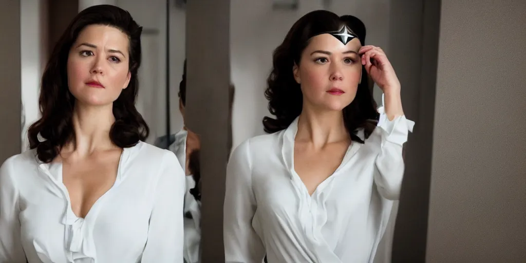 Image similar to ultra wide angle photo of mary elizabeth winstead dressed in a white blouse and black dress pants as diana prince looking at herself in a bathroom mirror and seeing her reflection as wonder woman