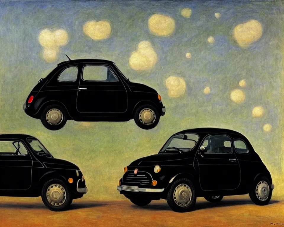 Prompt: achingly beautiful painting of a black 2 0 1 3 fiat 5 0 0 abarth by rene magritte, monet, and turner.