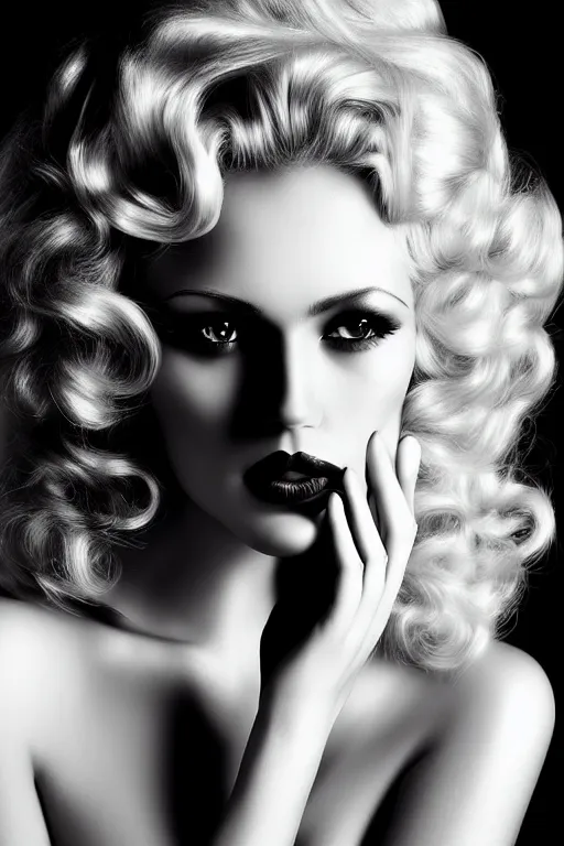 Prompt: stunning black and white portrait of a beautiful blonde woman by kenneth willardt. long curly glossy hair and makeup. vintage glamour. shiny dark lips. highly detailed and realistic oil painting on canvas. brush strokes.