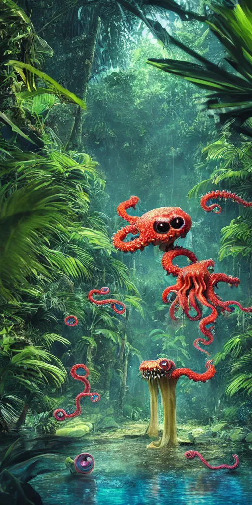 Image similar to of a tropical rainforest lake with strange cute friendly happy creatures with huge eyes, mouth, long tongue, round teeth and tentacles appearing from sandy coral, in the style of gehry and gaudi, macro lens, shallow depth of field, ultra detailed, digital painting, trending artstation, concept art, illustration, cinematic lighting, photorealism, epic, octane render