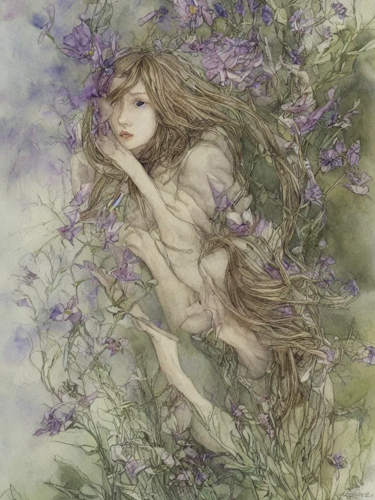 Image similar to study of a flower fairy, illustration, watercolor, alan lee, detailed, pretty, ethereal,